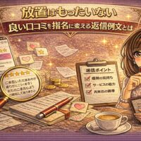 良い口コミを指名につなげる返信ポイントを考える女性とレビュー画面が描かれたアイキャッチ画像