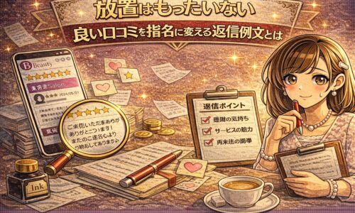 良い口コミを指名につなげる返信ポイントを考える女性とレビュー画面が描かれたアイキャッチ画像