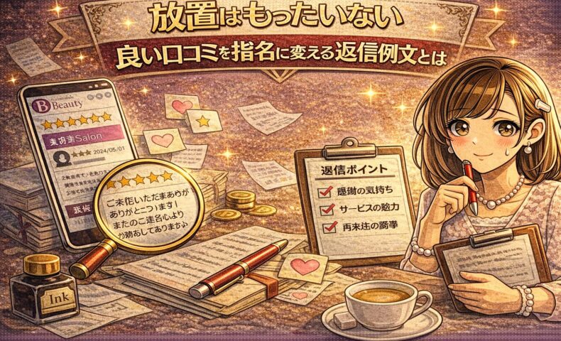 良い口コミを指名につなげる返信ポイントを考える女性とレビュー画面が描かれたアイキャッチ画像