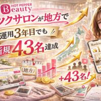 ホットペッパービューティーでマツエクサロンが地方エリアで上位表示を達成し、3ヶ月で新規43名を獲得した実績を、ランキング1位表示のスマホ画面や上昇グラフ、日本地図シルエットとともに華やかに表現したアイキャッチ画像。