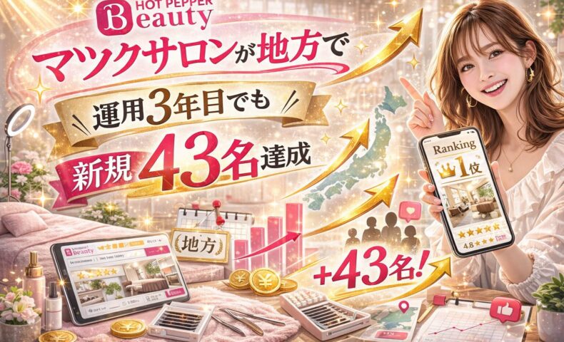 ホットペッパービューティーでマツエクサロンが地方エリアで上位表示を達成し、3ヶ月で新規43名を獲得した実績を、ランキング1位表示のスマホ画面や上昇グラフ、日本地図シルエットとともに華やかに表現したアイキャッチ画像。