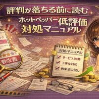 評判低下を防ぐための対処法を考える女性と、低評価レビュー改善のチェックリストが描かれたホットペッパー対策イラスト