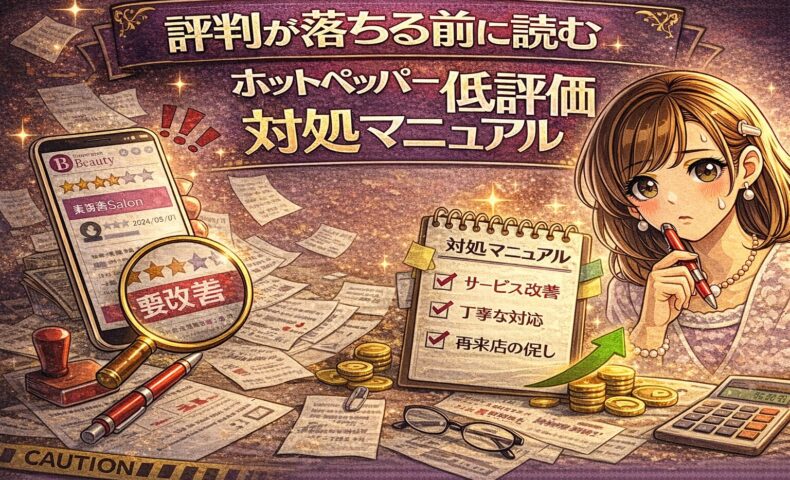 評判低下を防ぐための対処法を考える女性と、低評価レビュー改善のチェックリストが描かれたホットペッパー対策イラスト