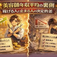 美容師の年収格差をテーマに、稼げる人と伸び悩む人の対比や上昇グラフが描かれたアイキャッチ画像