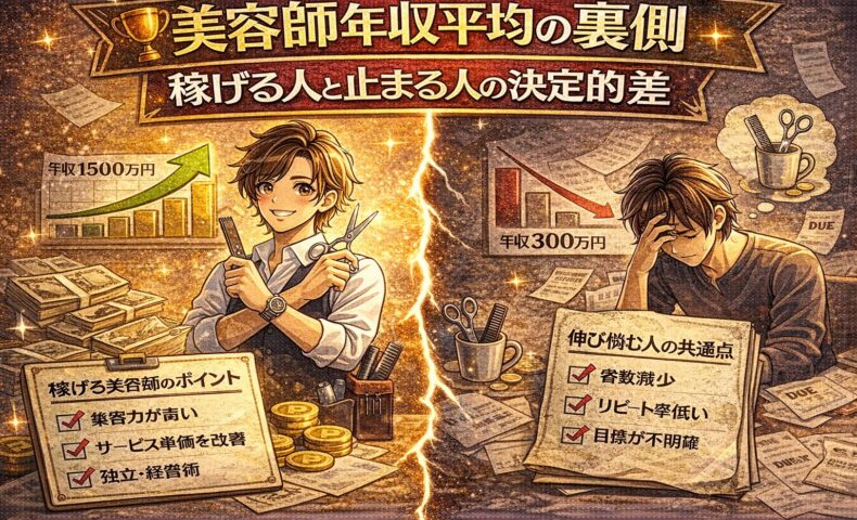 美容師の年収格差をテーマに、稼げる人と伸び悩む人の対比や上昇グラフが描かれたアイキャッチ画像