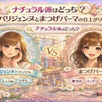 パリジェンヌラッシュリフトとまつげパーマの仕上がりを比較する華やかな美容イメージ