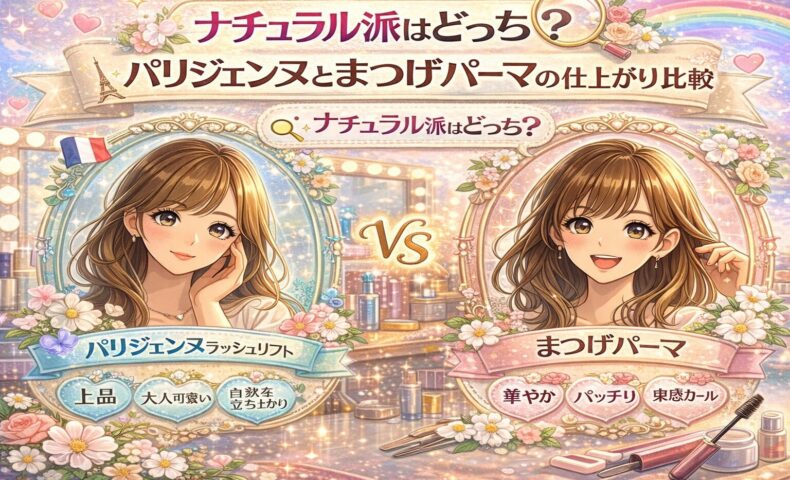 パリジェンヌラッシュリフトとまつげパーマの仕上がりを比較する華やかな美容イメージ