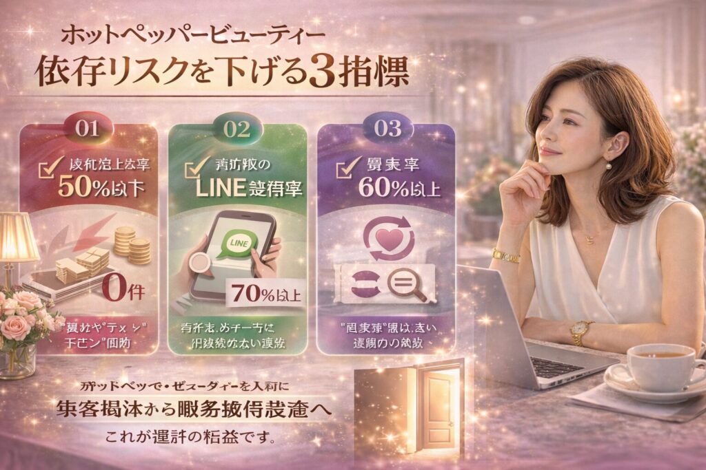 ホットペッパービューティー依存リスクを下げるための3指標（媒体売上比率50％以下・LINE登録率70％以上・再来率60％以上）を示した横型マーケティング画像