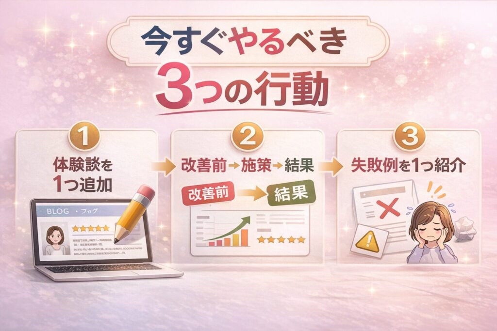 ブログ改善のために今すぐやるべき3つの行動(体験談追加・改善前→施策→結果の記載・失敗例の紹介)を図解した横型インフォグラフィック画像