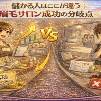 眉毛サロン成功の分岐点をテーマに、売上を伸ばすアイブロウリストと経営に悩むアイブロウリストを対比で描いたアニメ風アイキャッチ画像