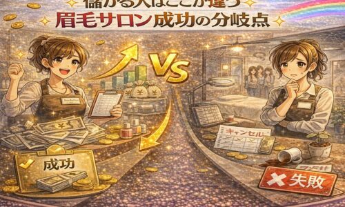 眉毛サロン成功の分岐点をテーマに、売上を伸ばすアイブロウリストと経営に悩むアイブロウリストを対比で描いたアニメ風アイキャッチ画像