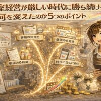 美容室経営が厳しい時代でも成長を続けるサロンの変化を、売上上昇グラフやSNS活用、笑顔のスタイリストで表現したアニメ風アイキャッチ画像