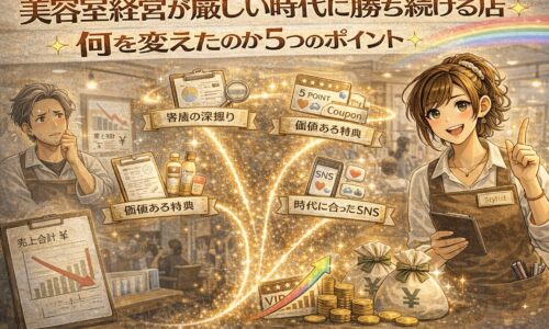 美容室経営が厳しい時代でも成長を続けるサロンの変化を、売上上昇グラフやSNS活用、笑顔のスタイリストで表現したアニメ風アイキャッチ画像