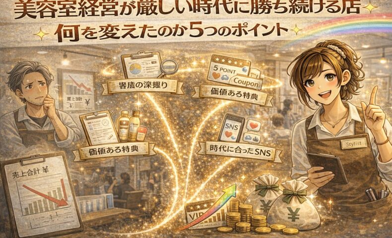 美容室経営が厳しい時代でも成長を続けるサロンの変化を、売上上昇グラフやSNS活用、笑顔のスタイリストで表現したアニメ風アイキャッチ画像