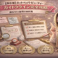 ホットペッパービューティーのガイドライン完全攻略をテーマにしたアイキャッチ画像。ゴールドとピンクを基調に、「違反ゼロ運用の教科書」と大きく表示され、NGワードチェックリスト、拡大鏡、スタンプ、ガイドラインマニュアル本、電卓や資料が配置され、右側に冊子を持つ女性が描かれている。