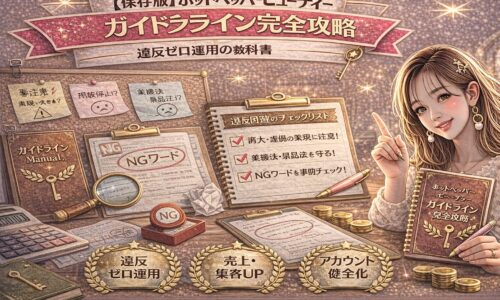ホットペッパービューティーのガイドライン完全攻略をテーマにしたアイキャッチ画像。ゴールドとピンクを基調に、「違反ゼロ運用の教科書」と大きく表示され、NGワードチェックリスト、拡大鏡、スタンプ、ガイドラインマニュアル本、電卓や資料が配置され、右側に冊子を持つ女性が描かれている。