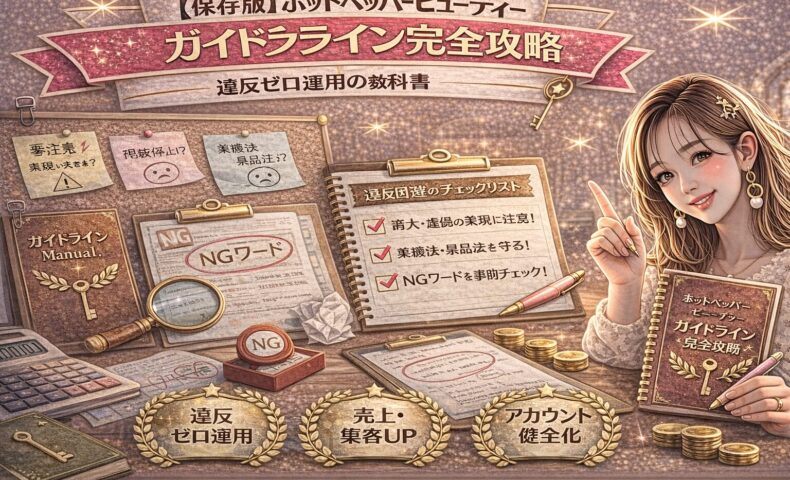 ホットペッパービューティーのガイドライン完全攻略をテーマにしたアイキャッチ画像。ゴールドとピンクを基調に、「違反ゼロ運用の教科書」と大きく表示され、NGワードチェックリスト、拡大鏡、スタンプ、ガイドラインマニュアル本、電卓や資料が配置され、右側に冊子を持つ女性が描かれている。