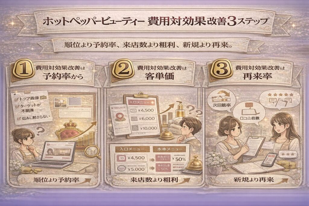 ホットペッパービューティー費用対効果改善の3ステップを解説した横型インフォグラフィック画像。予約率・客単価・再来率の順に改善する重要性を視覚的に表現している。