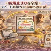 新規客止まりからリピート顧客へ変わる接客プロセスを、悩むネイリストと笑顔で再来店する顧客の対比で描いたアニメ風アイキャッチ画像