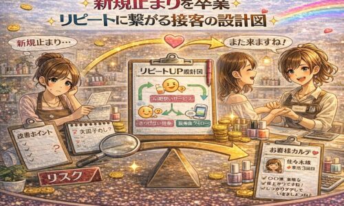 新規客止まりからリピート顧客へ変わる接客プロセスを、悩むネイリストと笑顔で再来店する顧客の対比で描いたアニメ風アイキャッチ画像