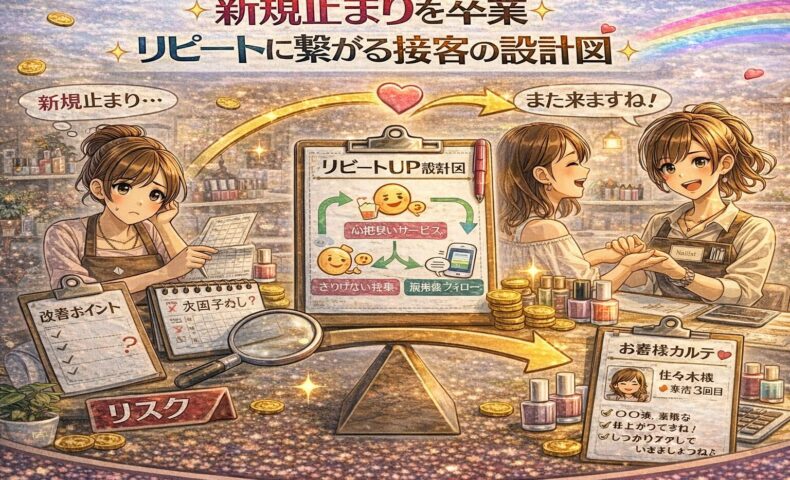 新規客止まりからリピート顧客へ変わる接客プロセスを、悩むネイリストと笑顔で再来店する顧客の対比で描いたアニメ風アイキャッチ画像