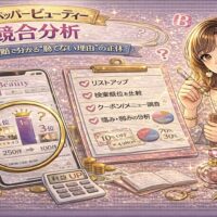 ホットペッパービューティーの競合分析手順を解説するアイキャッチ画像。ピンクとゴールド基調のデザインで、スマホに表示された検索順位比較画面、1位・3位のランキング表示、チェックリスト形式の分析手順ボードが描かれている。