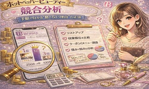ホットペッパービューティーの競合分析手順を解説するアイキャッチ画像。ピンクとゴールド基調のデザインで、スマホに表示された検索順位比較画面、1位・3位のランキング表示、チェックリスト形式の分析手順ボードが描かれている。