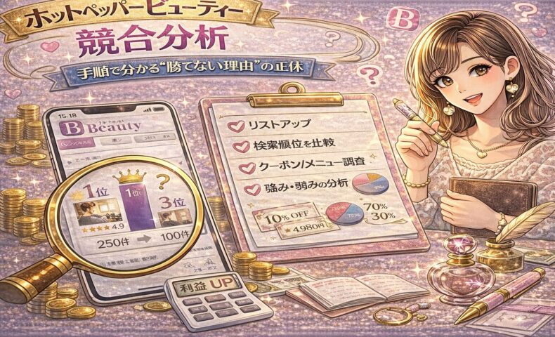 ホットペッパービューティーの競合分析手順を解説するアイキャッチ画像。ピンクとゴールド基調のデザインで、スマホに表示された検索順位比較画面、1位・3位のランキング表示、チェックリスト形式の分析手順ボードが描かれている。