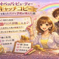 ホットペッパービューティーのキャッチコピー改善で予約が増加した様子を描いたアイキャッチ画像。サロンオーナーがホワイトボードに「Before／After」のコピー比較を書き込み、スマホには口コミ評価4.8と予約数アップが表示されている。背景は虹とゴールドの光で成功を象徴。