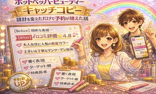 ホットペッパービューティーのキャッチコピー改善で予約が増加した様子を描いたアイキャッチ画像。サロンオーナーがホワイトボードに「Before／After」のコピー比較を書き込み、スマホには口コミ評価4.8と予約数アップが表示されている。背景は虹とゴールドの光で成功を象徴。