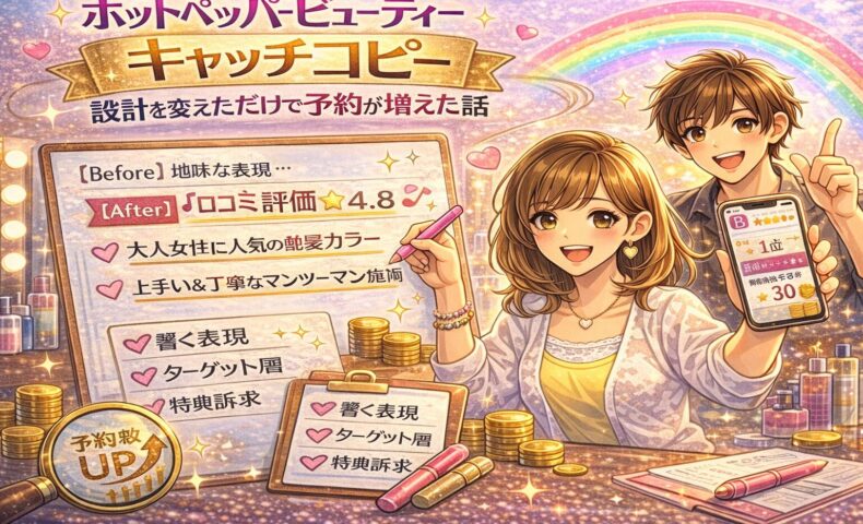 ホットペッパービューティーのキャッチコピー改善で予約が増加した様子を描いたアイキャッチ画像。サロンオーナーがホワイトボードに「Before／After」のコピー比較を書き込み、スマホには口コミ評価4.8と予約数アップが表示されている。背景は虹とゴールドの光で成功を象徴。