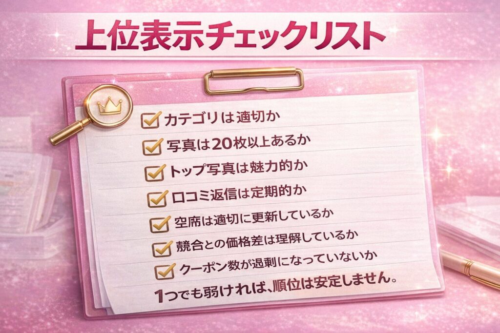 ホットペッパービューティー上位表示チェックリストをまとめた横型画像。カテゴリ設定、写真枚数、口コミ返信、空席更新、価格差理解、クーポン数最適化を確認する項目一覧。