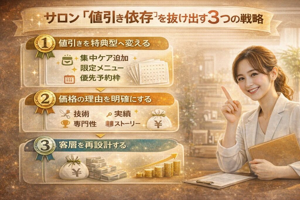 サロンが値引き依存を抜け出す3つの戦略を示した横型画像。特典型への変更、価格理由の明確化、客層再設計を視覚的に解説したビジュアル。