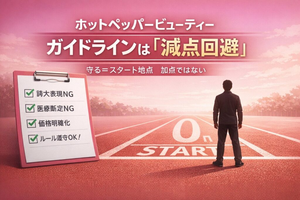 ホットペッパービューティー ガイドラインは減点回避のルールであり、守ることはスタート地点に立つことを示すチェックリストと0スタートラインのビジュアル