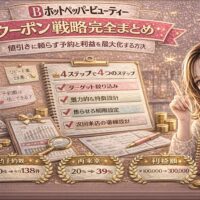 ホットペッパービューティーのクーポン戦略完全まとめをテーマにしたアイキャッチ画像。ゴールドとピンクを基調に、「4ステップで4つの設計」と書かれたチェックリスト、予約数・再来率・利益額の向上データ、電卓や売上資料が配置され、右側にクーポン戦略マニュアルを持つ女性が描かれている。