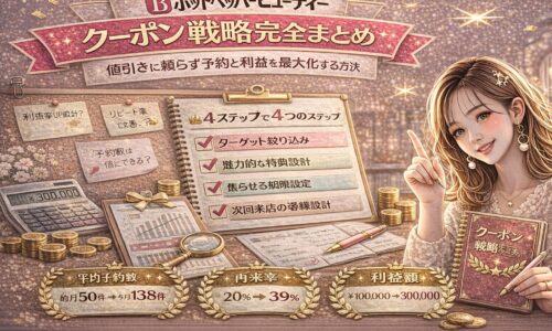 ホットペッパービューティーのクーポン戦略完全まとめをテーマにしたアイキャッチ画像。ゴールドとピンクを基調に、「4ステップで4つの設計」と書かれたチェックリスト、予約数・再来率・利益額の向上データ、電卓や売上資料が配置され、右側にクーポン戦略マニュアルを持つ女性が描かれている。
