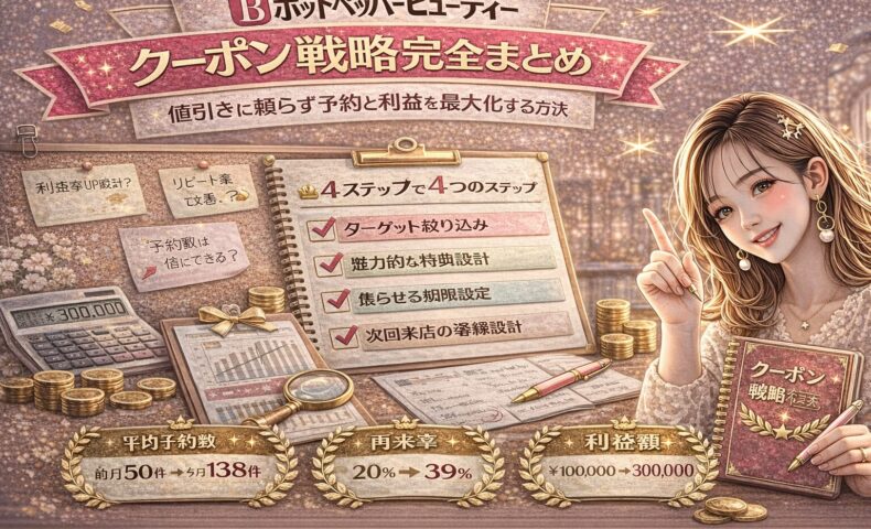 ホットペッパービューティーのクーポン戦略完全まとめをテーマにしたアイキャッチ画像。ゴールドとピンクを基調に、「4ステップで4つの設計」と書かれたチェックリスト、予約数・再来率・利益額の向上データ、電卓や売上資料が配置され、右側にクーポン戦略マニュアルを持つ女性が描かれている。