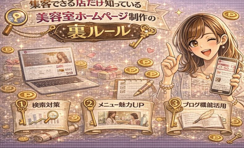 美容室ホームページ制作の集客ルールを解説する華やかなデジタルイラスト