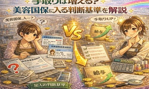 美容国保加入による手取り増減の判断をテーマに、保険料や給与明細に悩む美容師と手取りアップに納得した美容師を対比で描いたアニメ風アイキャッチ画像