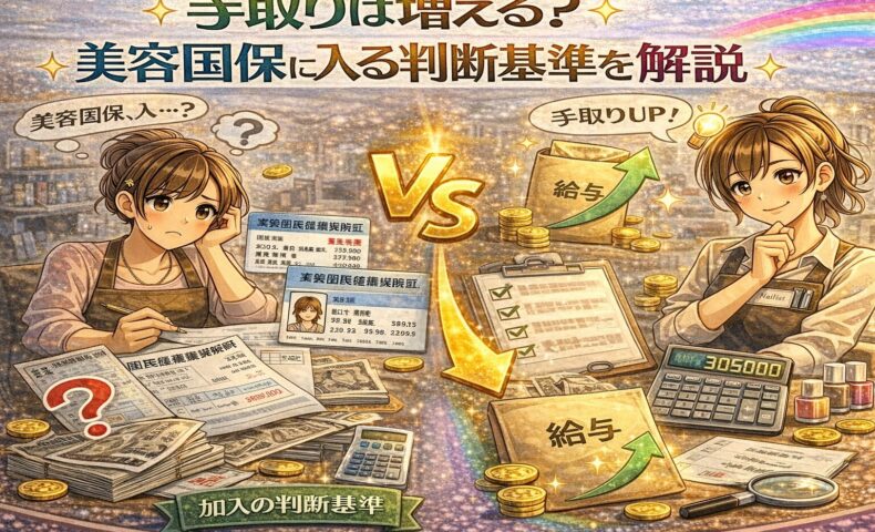 美容国保加入による手取り増減の判断をテーマに、保険料や給与明細に悩む美容師と手取りアップに納得した美容師を対比で描いたアニメ風アイキャッチ画像