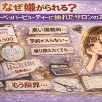 なぜ嫌がられる？ホットペッパービューティーに疲れたサロンの本音を表現したイラスト。高い掲載料、予約が入らない、効果が低いと悩むサロンオーナーと、ホットペッパービューティーの料金や数字を示すスマホ画面、計算機、書類が描かれている。