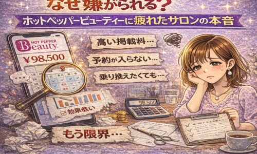 なぜ嫌がられる？ホットペッパービューティーに疲れたサロンの本音を表現したイラスト。高い掲載料、予約が入らない、効果が低いと悩むサロンオーナーと、ホットペッパービューティーの料金や数字を示すスマホ画面、計算機、書類が描かれている。