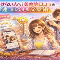 美容院の口コミを楽しく書く女性と施術する美容師、スマートフォンに表示された高評価レビューや星マークが広がるアニメ風アイキャッチ画像