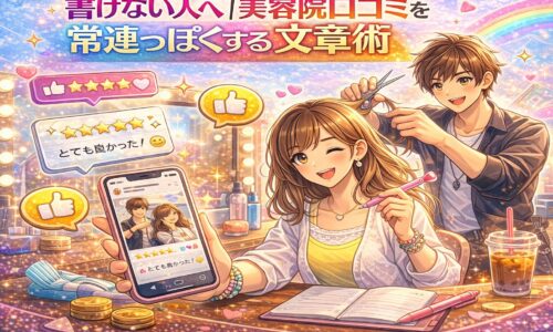 美容院の口コミを楽しく書く女性と施術する美容師、スマートフォンに表示された高評価レビューや星マークが広がるアニメ風アイキャッチ画像