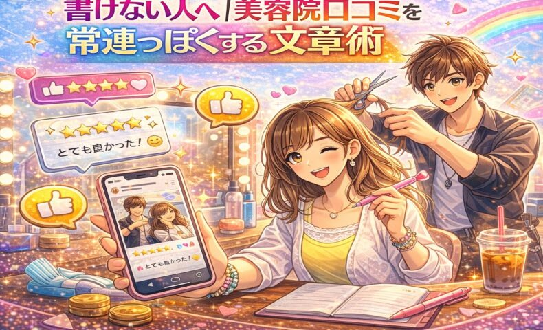 美容院の口コミを楽しく書く女性と施術する美容師、スマートフォンに表示された高評価レビューや星マークが広がるアニメ風アイキャッチ画像