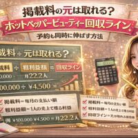 ホットペッパービューティーの掲載料回収ラインを解説するアイキャッチ画像。黒板に「掲載料 ÷ 粗利益額 ＝ 回収ライン」という計算式、例として「¥100,000 ÷ ¥4,500 ＝ 月22.2人」と表示され、電卓を持つ女性やコイン、上昇グラフが配置されているデザイン。