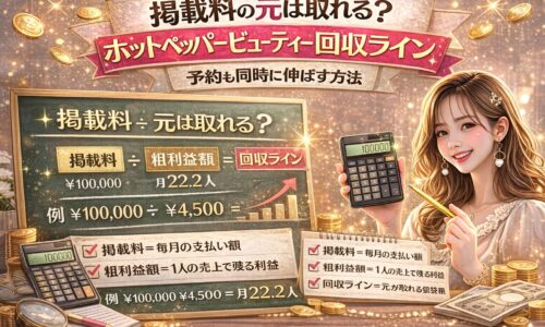 ホットペッパービューティーの掲載料回収ラインを解説するアイキャッチ画像。黒板に「掲載料 ÷ 粗利益額 ＝ 回収ライン」という計算式、例として「¥100,000 ÷ ¥4,500 ＝ 月22.2人」と表示され、電卓を持つ女性やコイン、上昇グラフが配置されているデザイン。