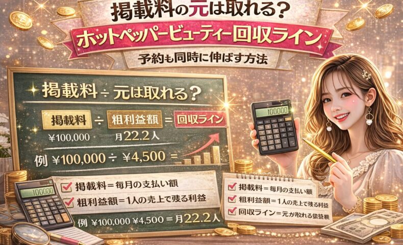 ホットペッパービューティーの掲載料回収ラインを解説するアイキャッチ画像。黒板に「掲載料 ÷ 粗利益額 ＝ 回収ライン」という計算式、例として「¥100,000 ÷ ¥4,500 ＝ 月22.2人」と表示され、電卓を持つ女性やコイン、上昇グラフが配置されているデザイン。