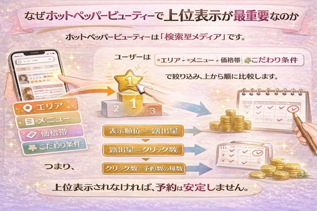 ホットペッパービューティーで上位表示が重要な理由を示した横型インフォグラフィック。表示順位=露出量=クリック数=予約数という関係を矢印で図解し、検索型メディアの仕組みを視覚的に説明している。