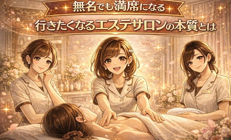 リピート率が変わる行きたくなるエステサロンの共通ルールを表現した温かみのあるエステ施術シーンのイラスト